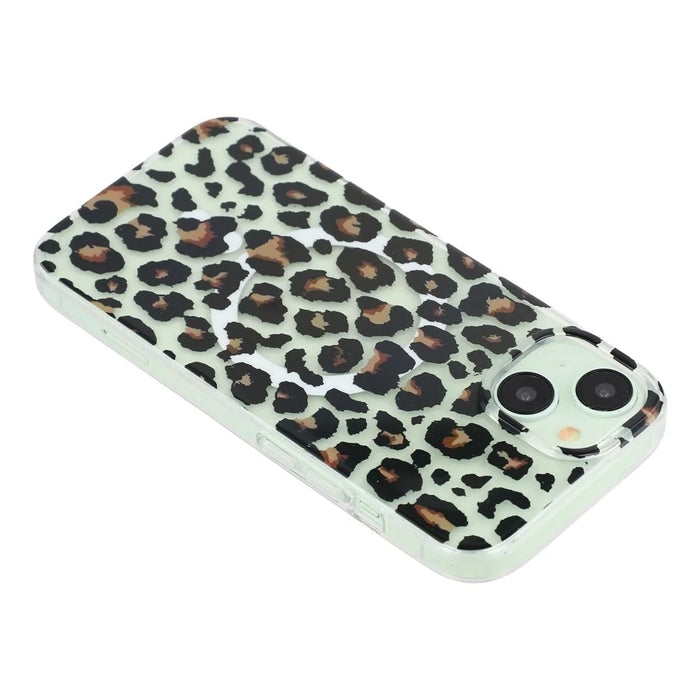 For iPhone 15 Magnetic Case Hollow Leopard Print Design TPU PC Phone Back Cover - Style 3 - 5
