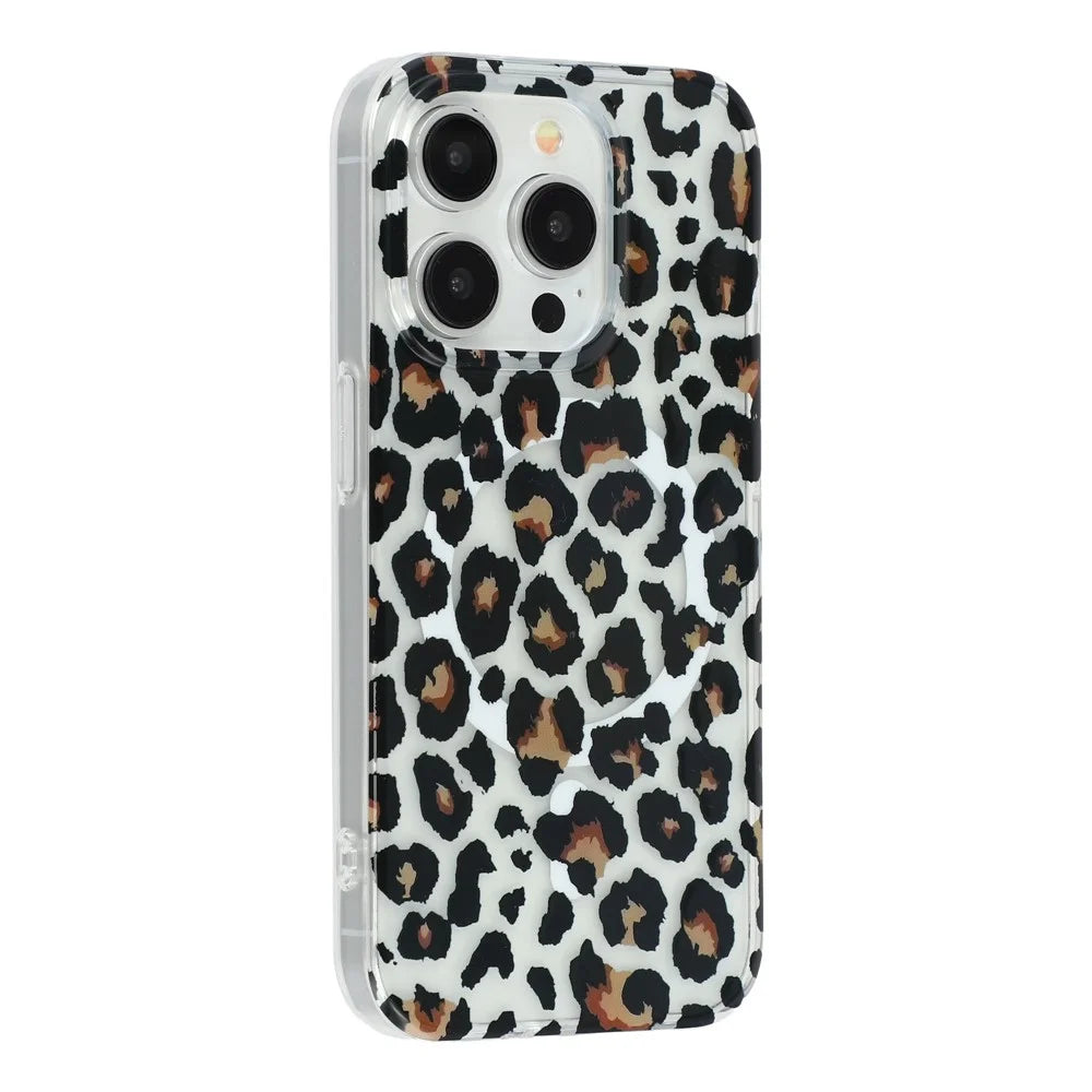 For iPhone 15 Pro Max Magnetic Case Hollow Leopard Print Design TPU PC Phone Back Cover - Style 3 - 1