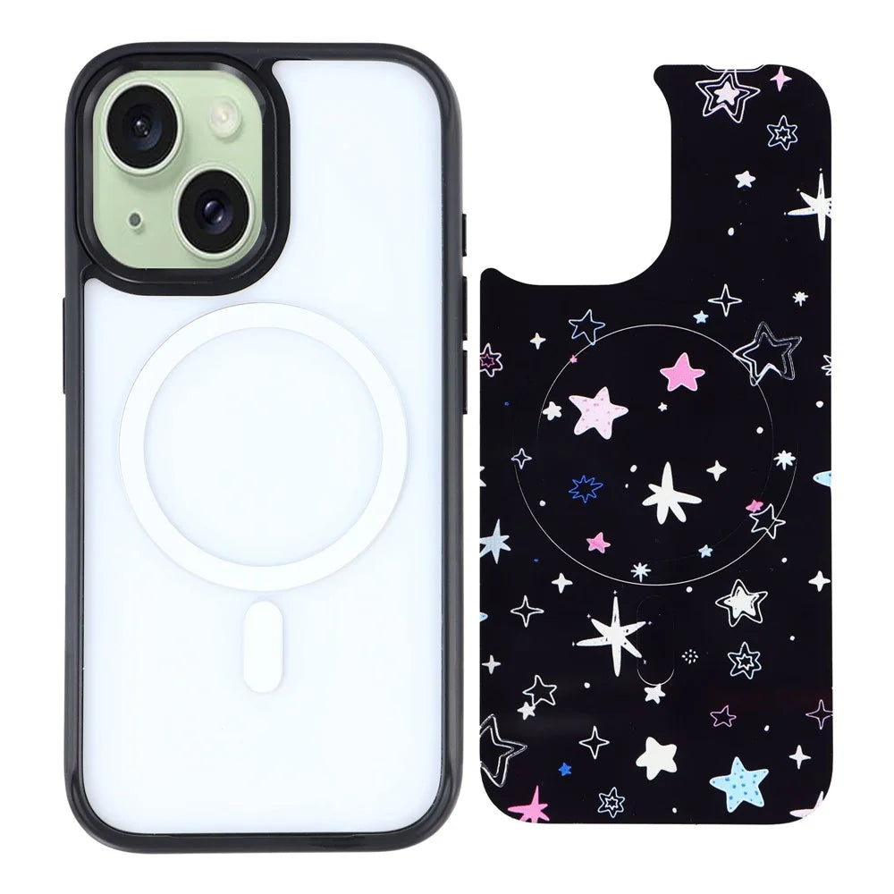 For iPhone 15 Magnetic Case TPU PC Phone Cover with Detachable Colorful Stars Black Backplate - Black - 2