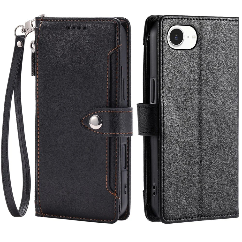 Wallet Case for iPhone SE (2022) / SE (2020) / iPhone 8 / 7 Litchi Texture Zipper Pocket Stand Leather Flip Phone Cover with Wrist Strap - Black - 1