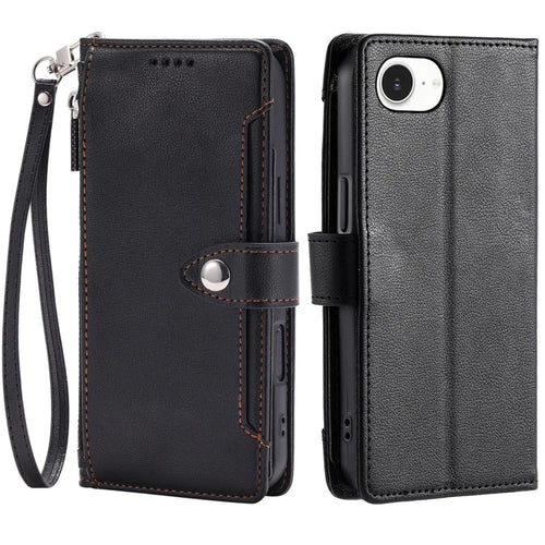 Wallet Case for iPhone SE (2022) / SE (2020) / iPhone 8 / 7 Litchi Texture Zipper Pocket Stand Leather Flip Phone Cover with Wrist Strap - Black - 1