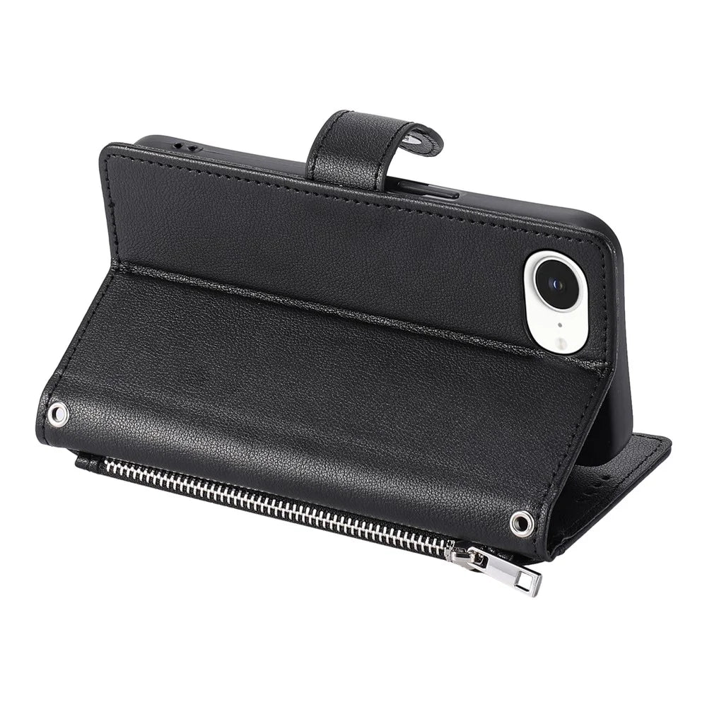 Wallet Case for iPhone SE (2022) / SE (2020) / iPhone 8 / 7 Litchi Texture Zipper Pocket Stand Leather Flip Phone Cover with Wrist Strap - Black - 4