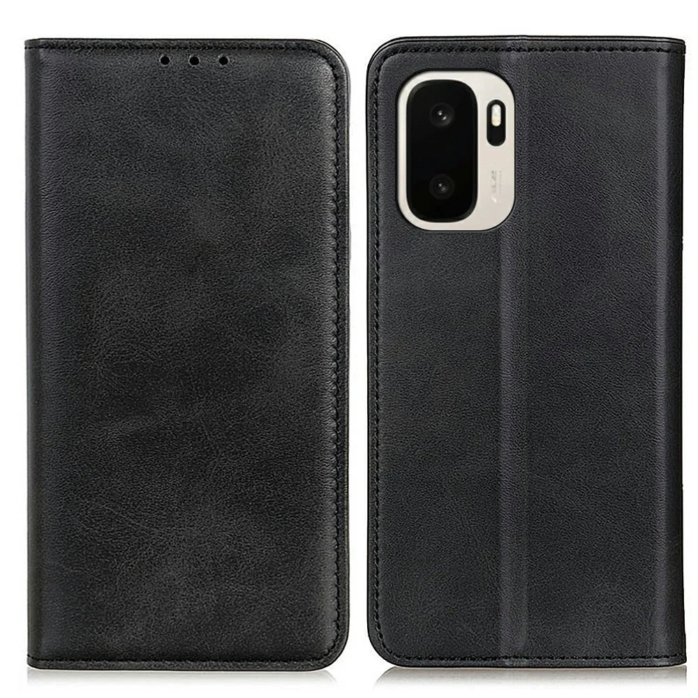 For OnePlus Ace 6 Ultra 5G Case Cowhide Texture Split Leather Flip Wallet Phone Cover - Black - 1