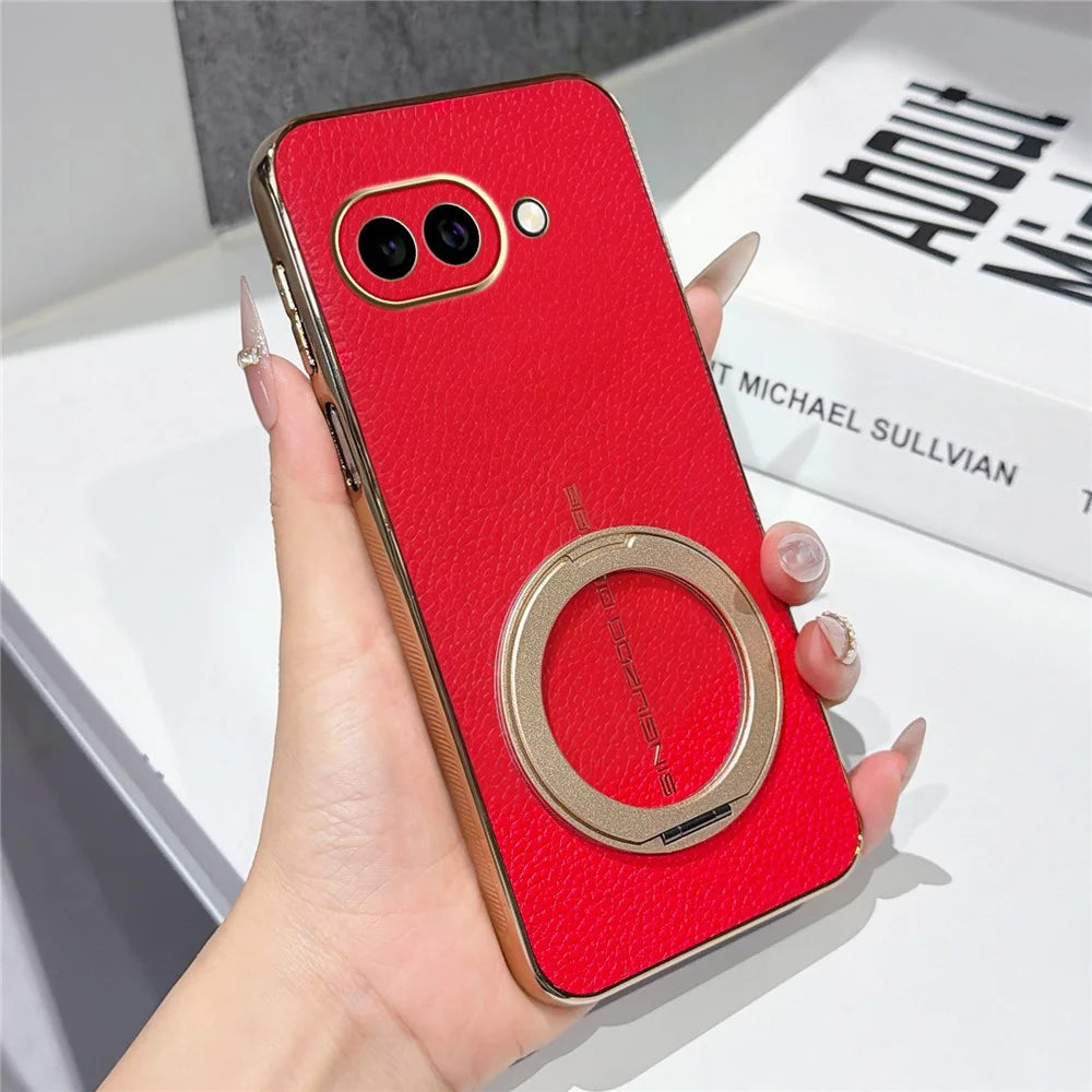 For Google Pixel 10a Magnetic Case Litchi Pattern TPU PU Cover with Electroplated Metal Ring Kickstand - Red - 1