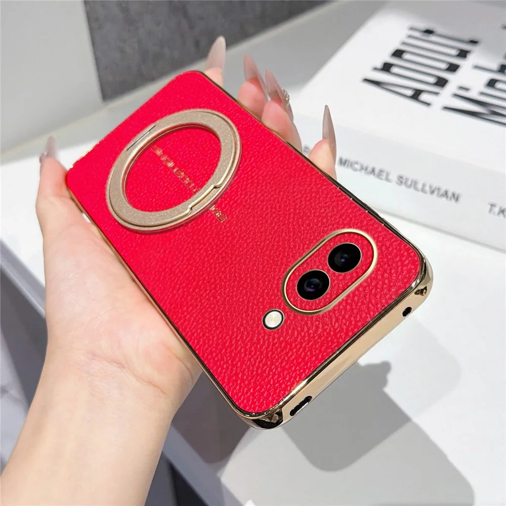 For Google Pixel 10a Magnetic Case Litchi Pattern TPU PU Cover with Electroplated Metal Ring Kickstand - Red - 2