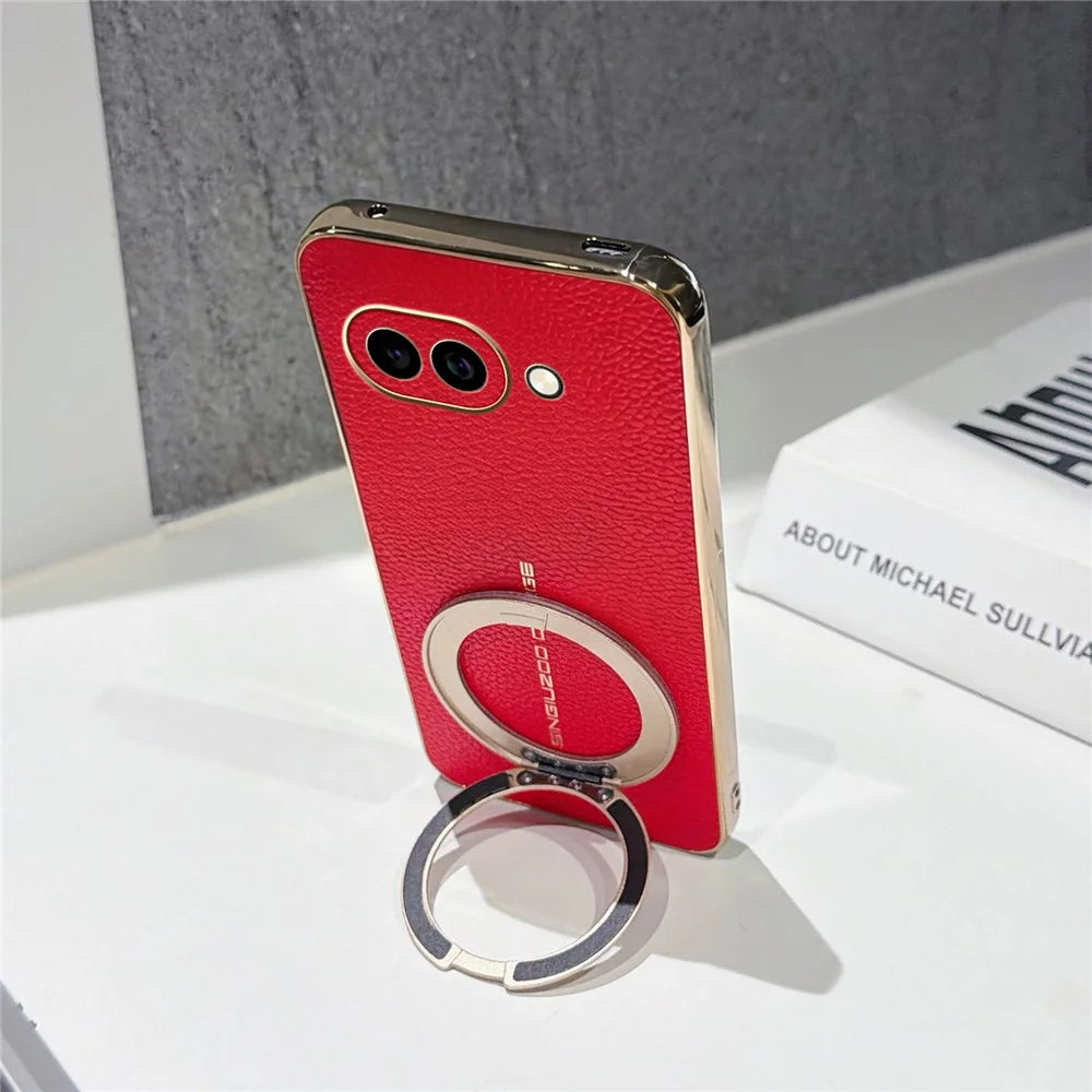 For Google Pixel 10a Magnetic Case Litchi Pattern TPU PU Cover with Electroplated Metal Ring Kickstand - Red - 4