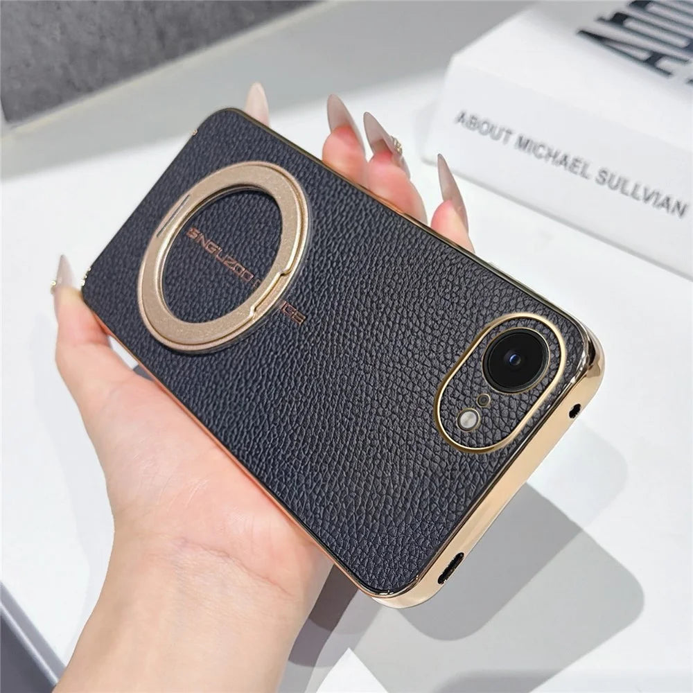 Magnetic Case For iPhone 17e  /  16e Litchi Pattern TPU PU Cover with Electroplated Metal Ring Kickstand - Black - 2