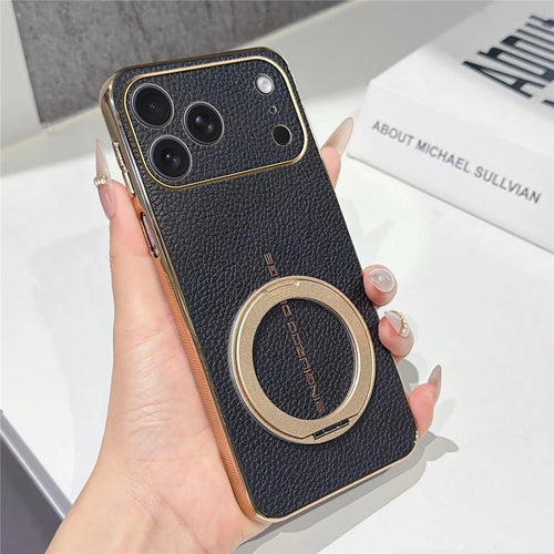 For iPhone 17 Pro Max Magnetic Case Litchi Pattern TPU PU Cover with Electroplated Metal Ring Kickstand - Black - 1