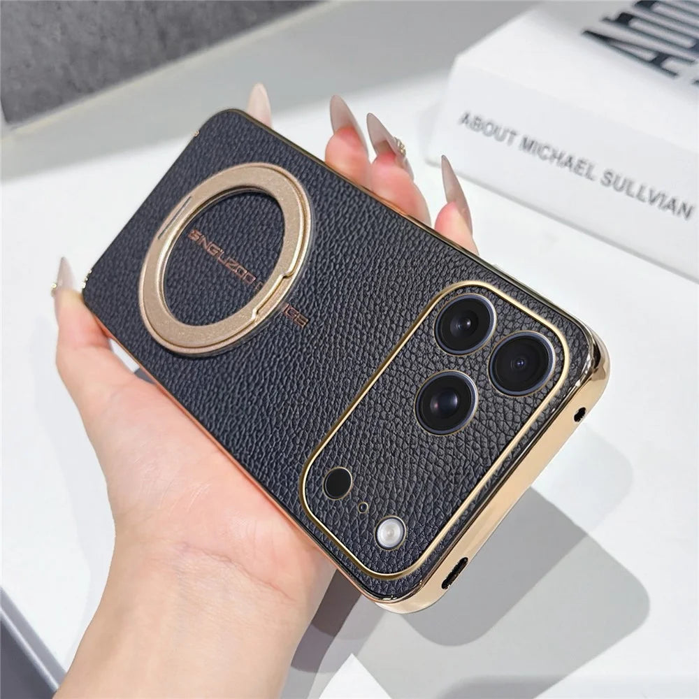 For iPhone 17 Pro Max Magnetic Case Litchi Pattern TPU PU Cover with Electroplated Metal Ring Kickstand - Black - 2