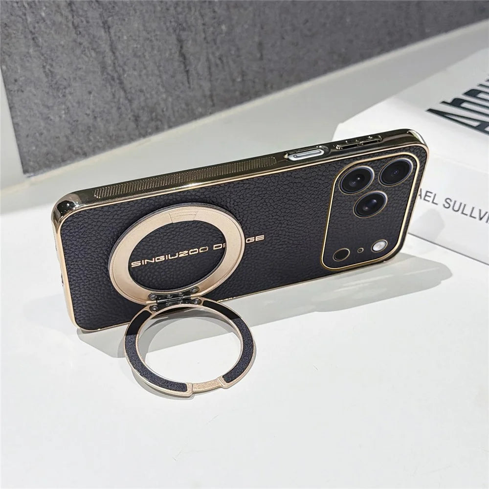 For iPhone 17 Pro Max Magnetic Case Litchi Pattern TPU PU Cover with Electroplated Metal Ring Kickstand - Black - 4