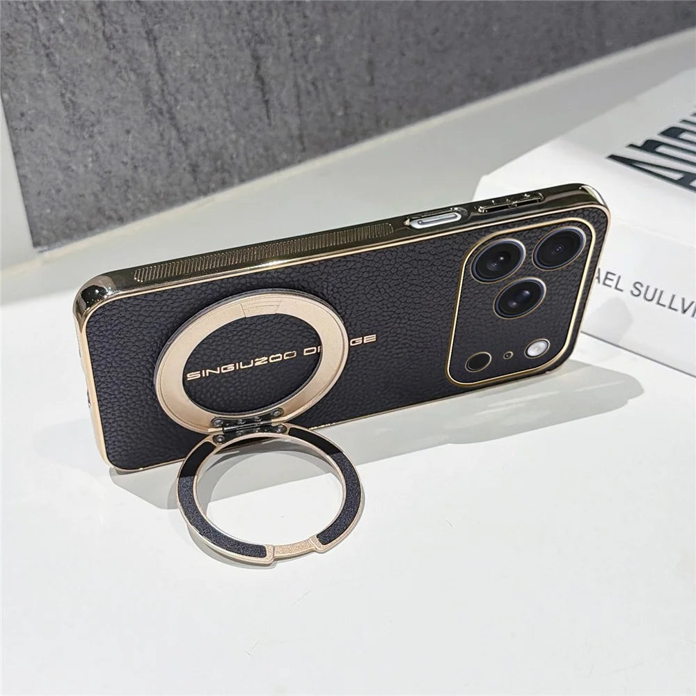 For iPhone 17 Pro Magnetic Case Litchi Pattern TPU PU Cover with Electroplated Metal Ring Kickstand - Black - 4