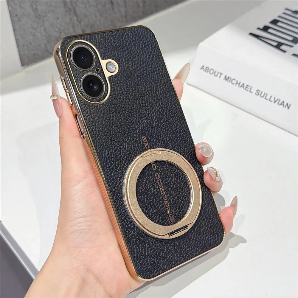 For iPhone 17 Magnetic Case Litchi Pattern TPU PU Cover with Electroplated Metal Ring Kickstand - Black - 1