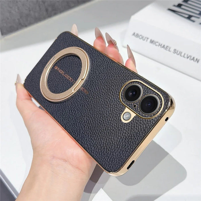 For iPhone 17 Magnetic Case Litchi Pattern TPU PU Cover with Electroplated Metal Ring Kickstand - Black - 2