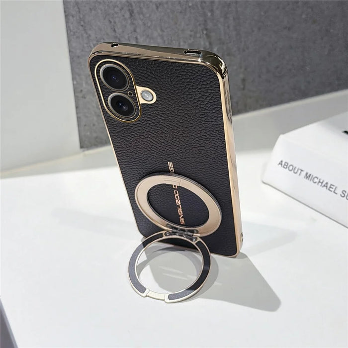 For iPhone 17 Magnetic Case Litchi Pattern TPU PU Cover with Electroplated Metal Ring Kickstand - Black - 3