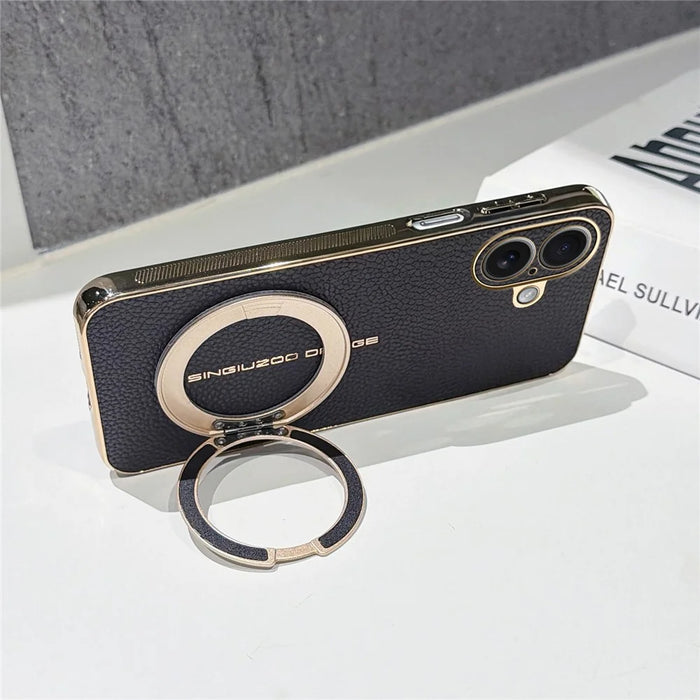 For iPhone 17 Magnetic Case Litchi Pattern TPU PU Cover with Electroplated Metal Ring Kickstand - Black - 4