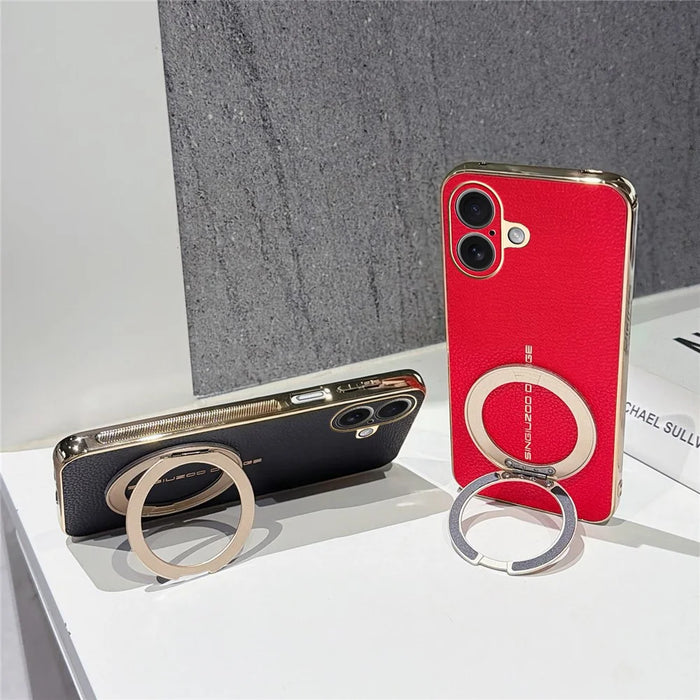 For iPhone 17 Magnetic Case Litchi Pattern TPU PU Cover with Electroplated Metal Ring Kickstand - Black - 5