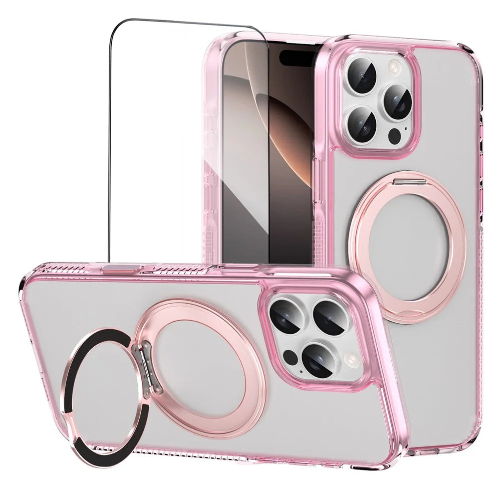 For iPhone 16 Pro Magnetic Case Rotating Kickstand PC + TPU Matte Phone Cover with Tempered Glass Film/Camera Button - Transparent Pink - 1