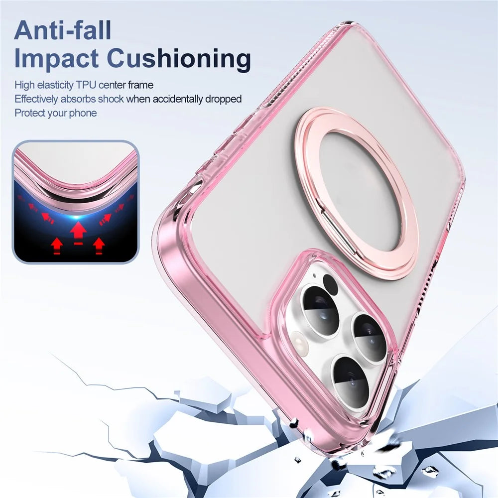 For iPhone 16 Pro Magnetic Case Rotating Kickstand PC + TPU Matte Phone Cover with Tempered Glass Film/Camera Button - Transparent Pink - 4
