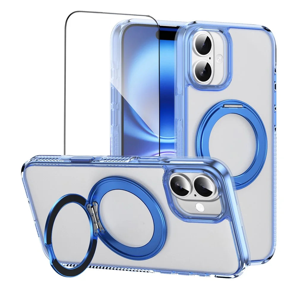 For iPhone 16 Magnetic Case Rotating Kickstand PC + TPU Matte Phone Cover with Tempered Glass Film / Camera Button - Transparent Blue - 1