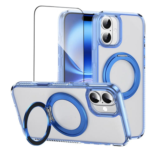 For iPhone 16 Magnetic Case Rotating Kickstand PC + TPU Matte Phone Cover with Tempered Glass Film / Camera Button - Transparent Blue - 1