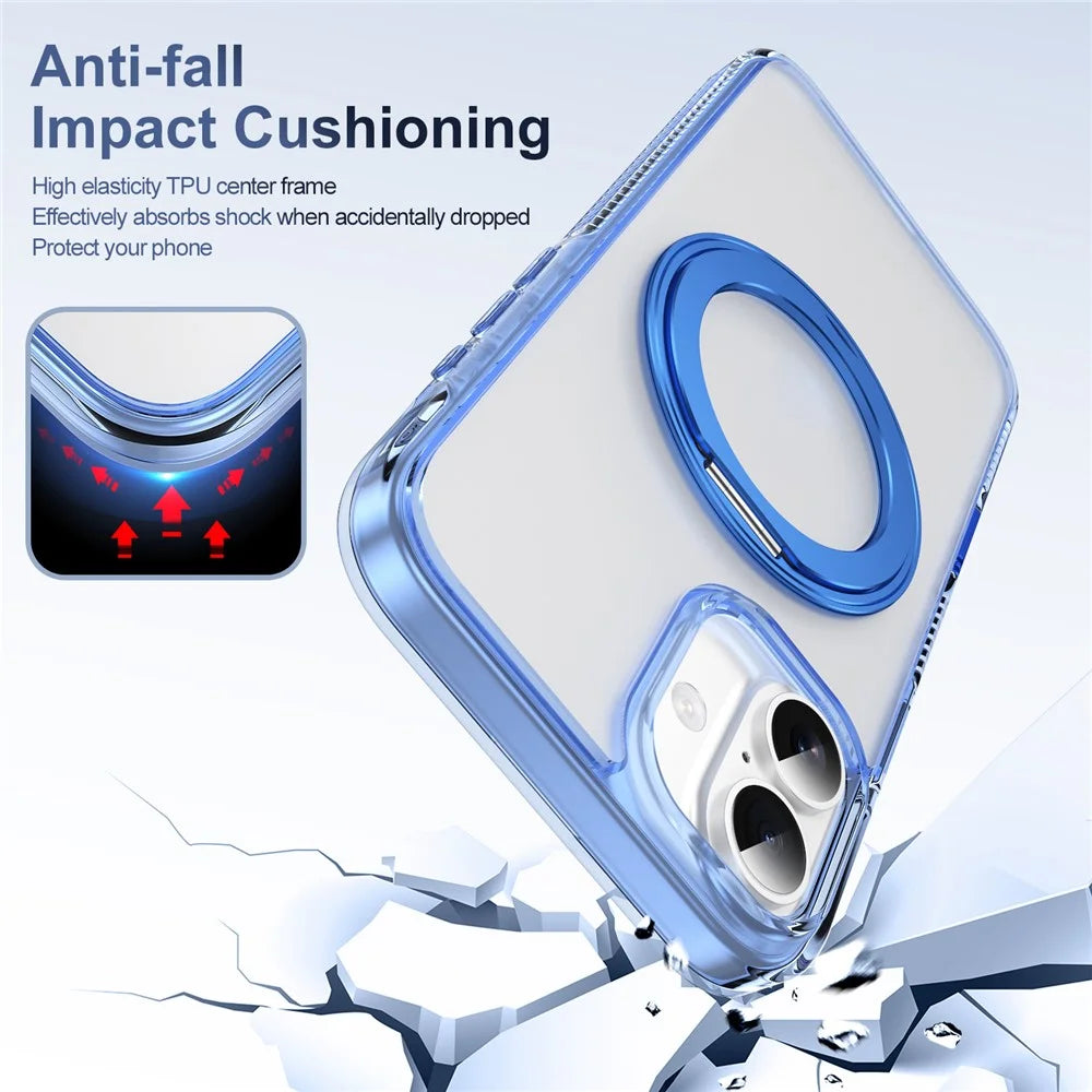 For iPhone 16 Magnetic Case Rotating Kickstand PC + TPU Matte Phone Cover with Tempered Glass Film / Camera Button - Transparent Blue - 3