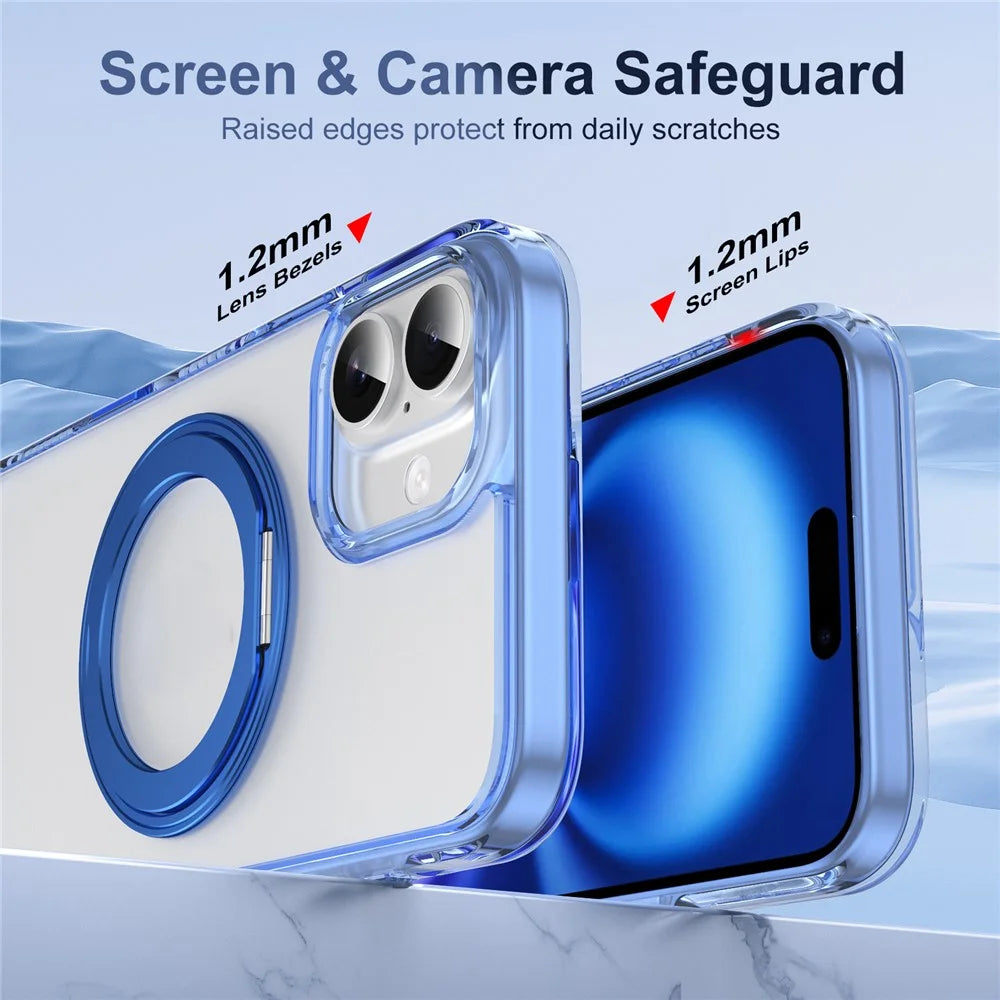 For iPhone 16 Magnetic Case Rotating Kickstand PC + TPU Matte Phone Cover with Tempered Glass Film / Camera Button - Transparent Blue - 4