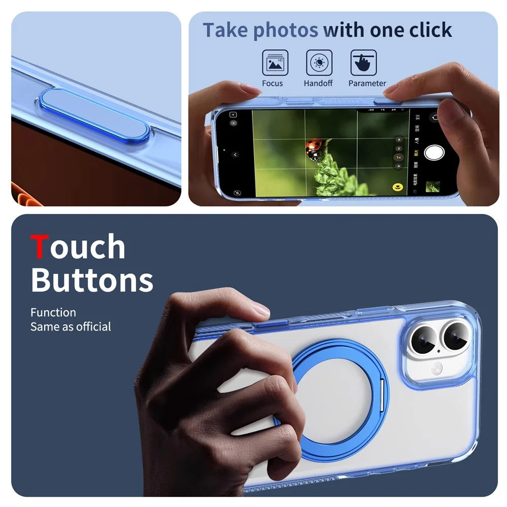 For iPhone 16 Magnetic Case Rotating Kickstand PC + TPU Matte Phone Cover with Tempered Glass Film / Camera Button - Transparent Blue - 6