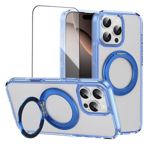 For iPhone 16 Pro Max Magnetic Case Rotating Kickstand PC + TPU Matte Phone Cover with Tempered Glass Film / Camera Button - Transparent Blue - 1