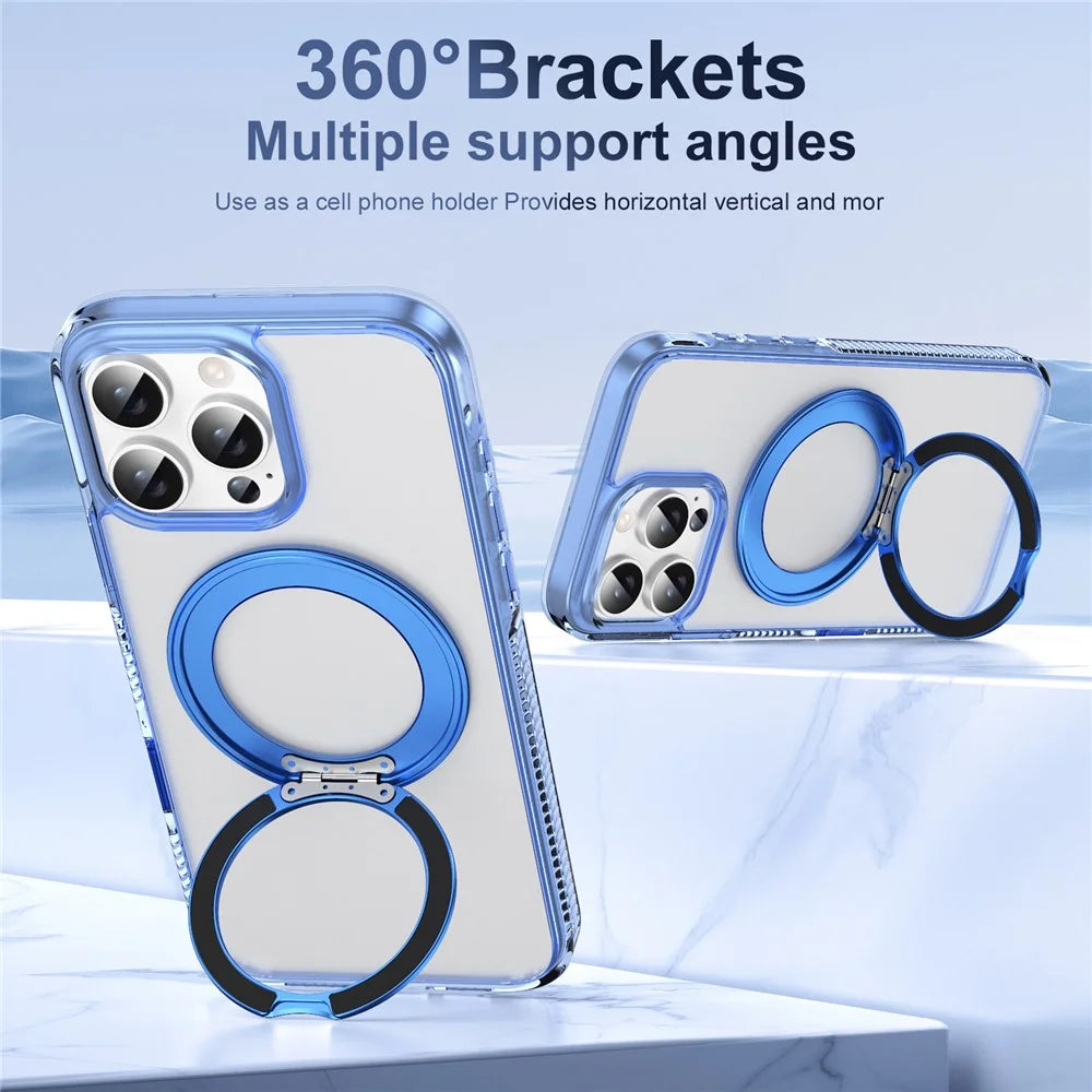 For iPhone 16 Pro Max Magnetic Case Rotating Kickstand PC + TPU Matte Phone Cover with Tempered Glass Film / Camera Button - Transparent Blue - 2