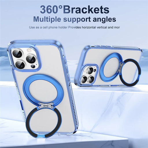 For iPhone 16 Pro Max Magnetic Case Rotating Kickstand PC + TPU Matte Phone Cover with Tempered Glass Film / Camera Button - Transparent Blue - 2