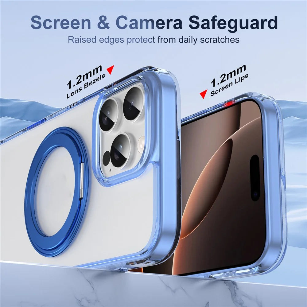 For iPhone 16 Pro Max Magnetic Case Rotating Kickstand PC + TPU Matte Phone Cover with Tempered Glass Film / Camera Button - Transparent Blue - 6