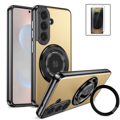 For Samsung Galaxy S26 Magnetic Case Rotating Kickstand PC TPU Electroplated Phone Cover with Tempered Glass Screen Protector - Gold - 1