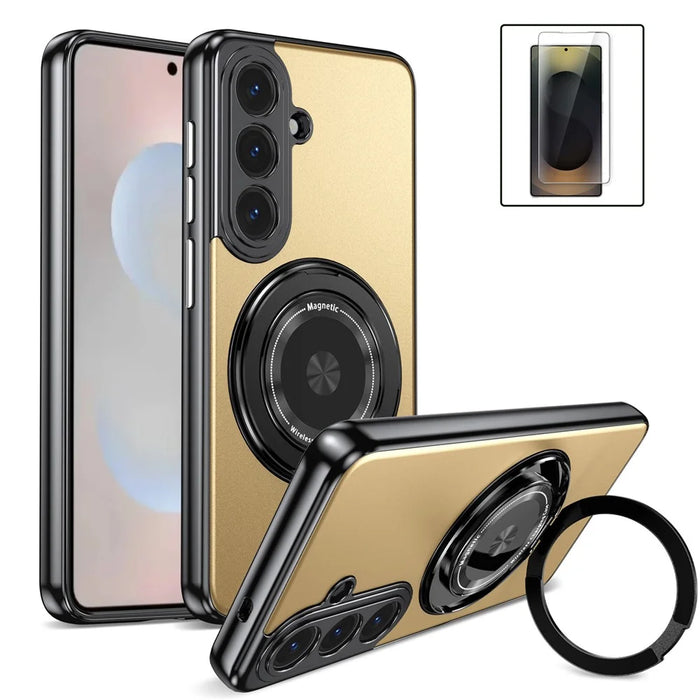 For Samsung Galaxy S26 Magnetic Case Rotating Kickstand PC TPU Electroplated Phone Cover with Tempered Glass Screen Protector - Gold - 1
