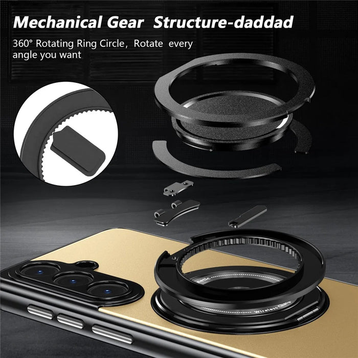 For Samsung Galaxy S26 Magnetic Case Rotating Kickstand PC TPU Electroplated Phone Cover with Tempered Glass Screen Protector - Gold - 3