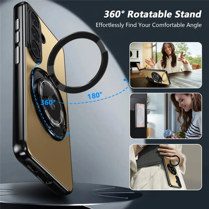 For Samsung Galaxy S26 Magnetic Case Rotating Kickstand PC TPU Electroplated Phone Cover with Tempered Glass Screen Protector - Gold - 4