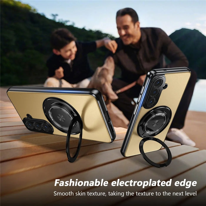 For Samsung Galaxy S26 Magnetic Case Rotating Kickstand PC TPU Electroplated Phone Cover with Tempered Glass Screen Protector - Gold - 6