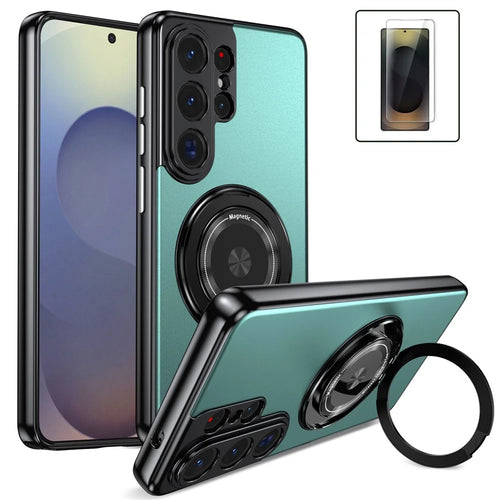 For Samsung Galaxy S26 Ultra Magnetic Case Rotating Kickstand PC TPU Electroplated Phone Cover with Tempered Glass Screen Protector - Lake Blue - 1