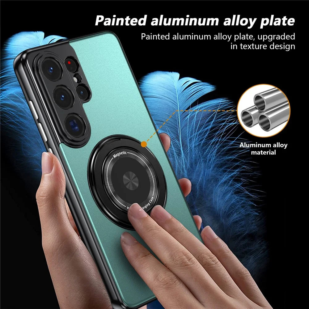 For Samsung Galaxy S26 Ultra Magnetic Case Rotating Kickstand PC TPU Electroplated Phone Cover with Tempered Glass Screen Protector - Lake Blue - 2