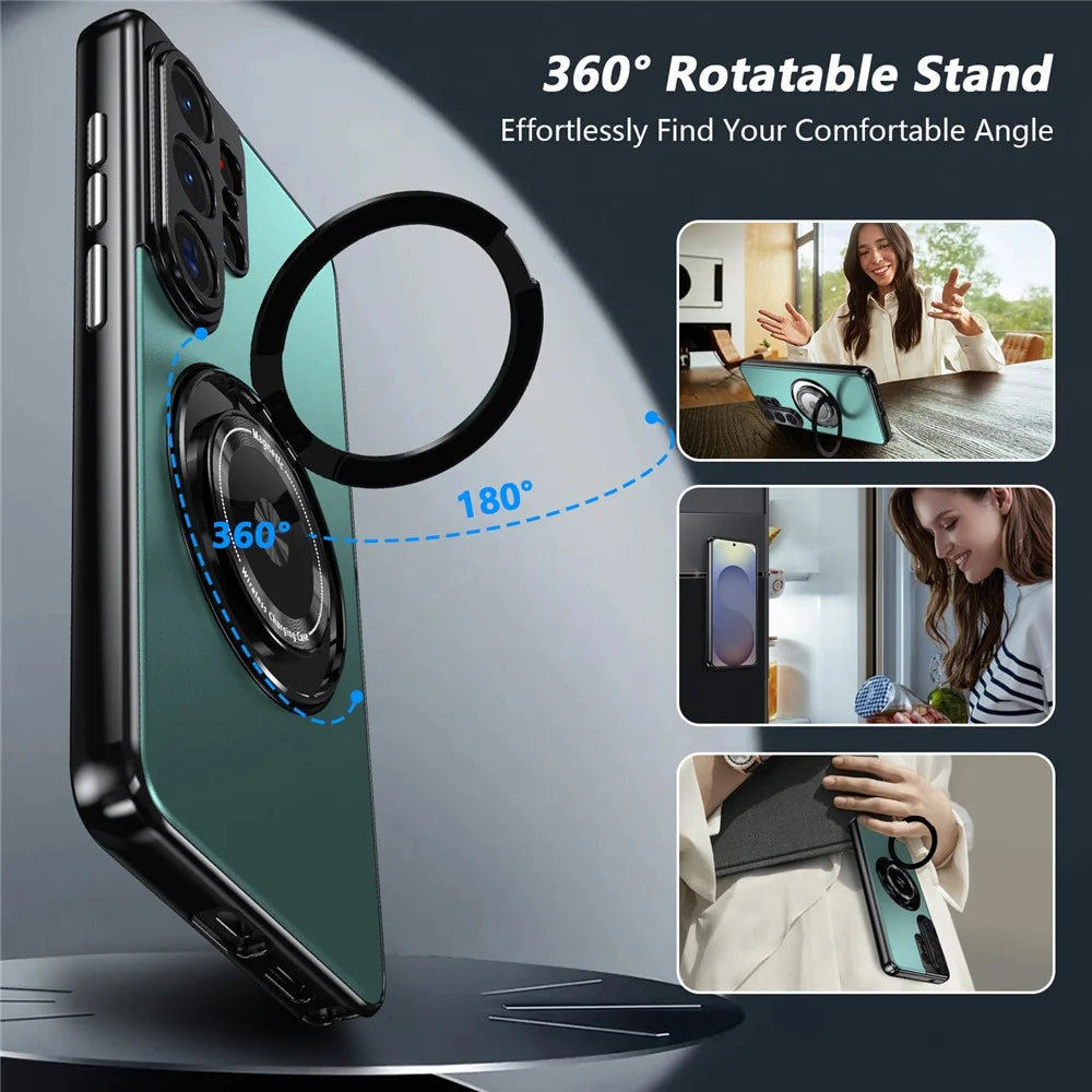 For Samsung Galaxy S26 Ultra Magnetic Case Rotating Kickstand PC TPU Electroplated Phone Cover with Tempered Glass Screen Protector - Lake Blue - 4