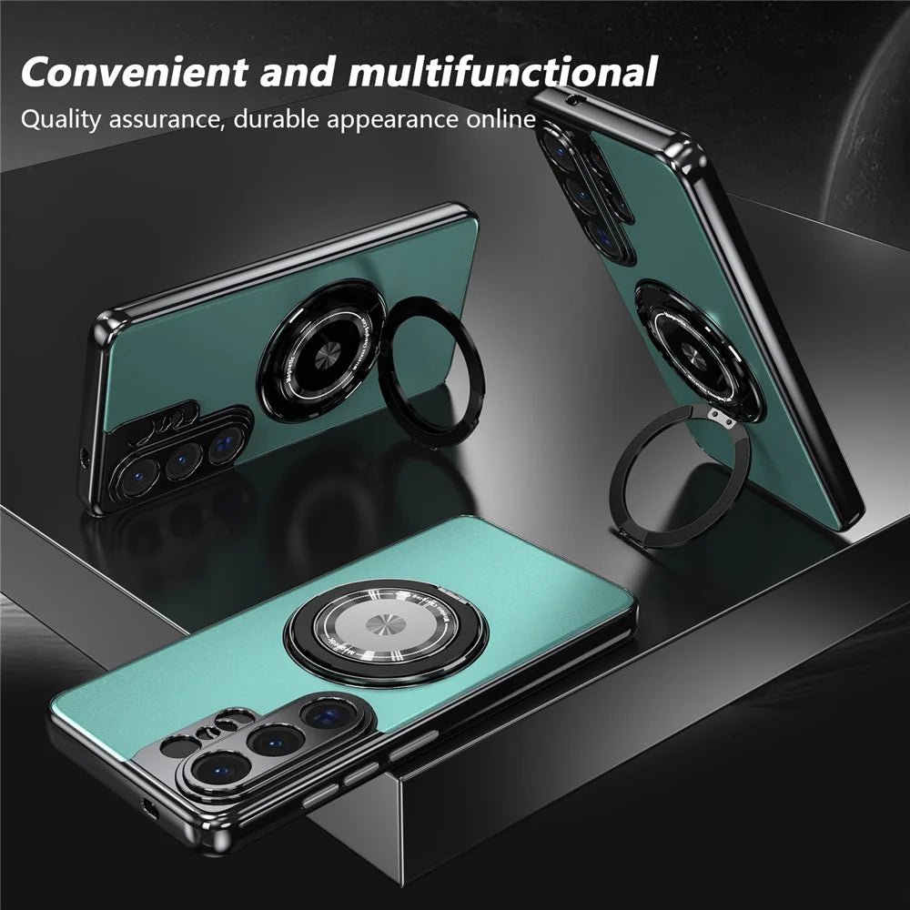 For Samsung Galaxy S26 Ultra Magnetic Case Rotating Kickstand PC TPU Electroplated Phone Cover with Tempered Glass Screen Protector - Lake Blue - 5