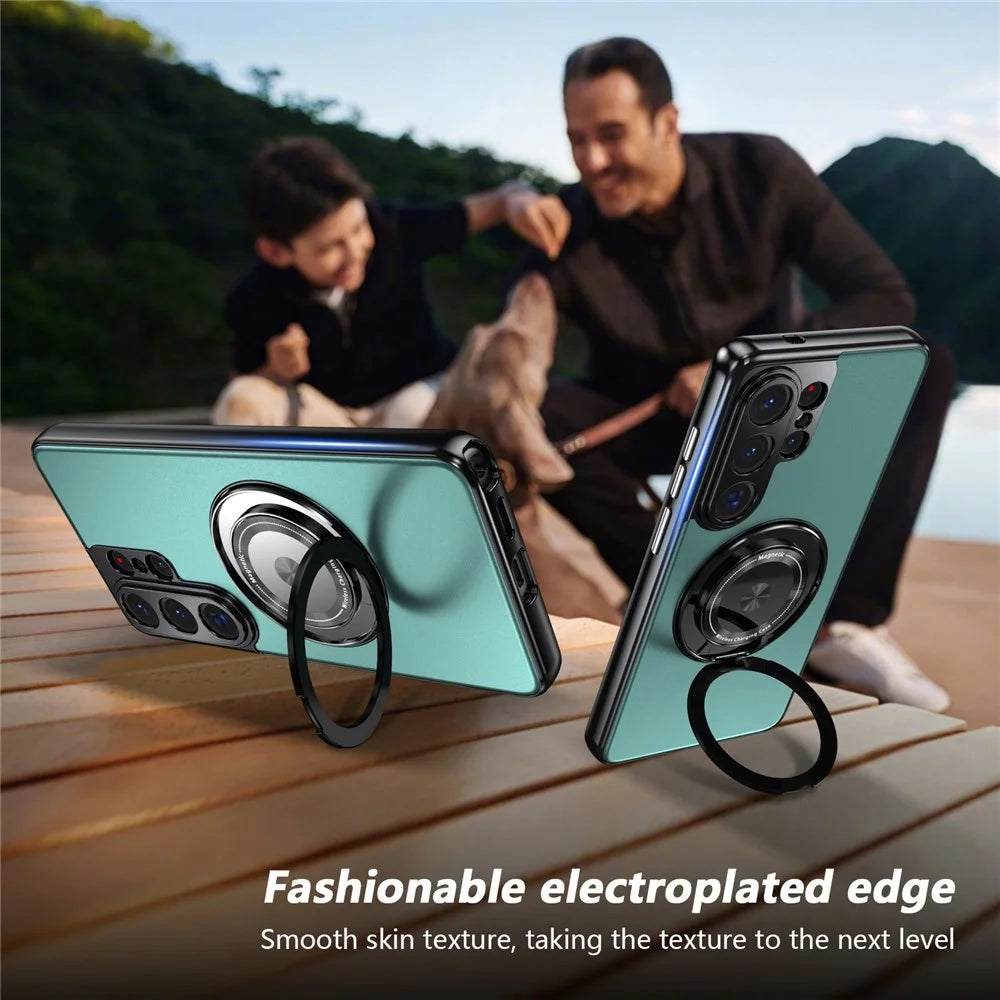 For Samsung Galaxy S26 Ultra Magnetic Case Rotating Kickstand PC TPU Electroplated Phone Cover with Tempered Glass Screen Protector - Lake Blue - 6