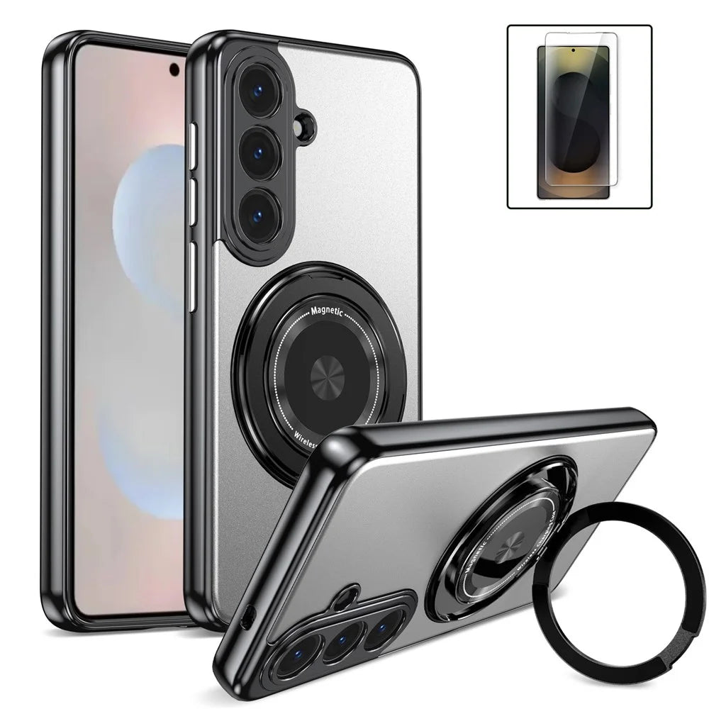 For Samsung Galaxy S26+ Magnetic Case Rotating Kickstand PC TPU Electroplated Phone Cover with Tempered Glass Screen Protector - Silver - 1