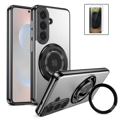 For Samsung Galaxy S26+ Magnetic Case Rotating Kickstand PC TPU Electroplated Phone Cover with Tempered Glass Screen Protector - Silver - 1