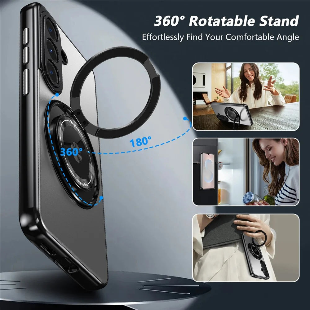 For Samsung Galaxy S26+ Magnetic Case Rotating Kickstand PC TPU Electroplated Phone Cover with Tempered Glass Screen Protector - Silver - 4