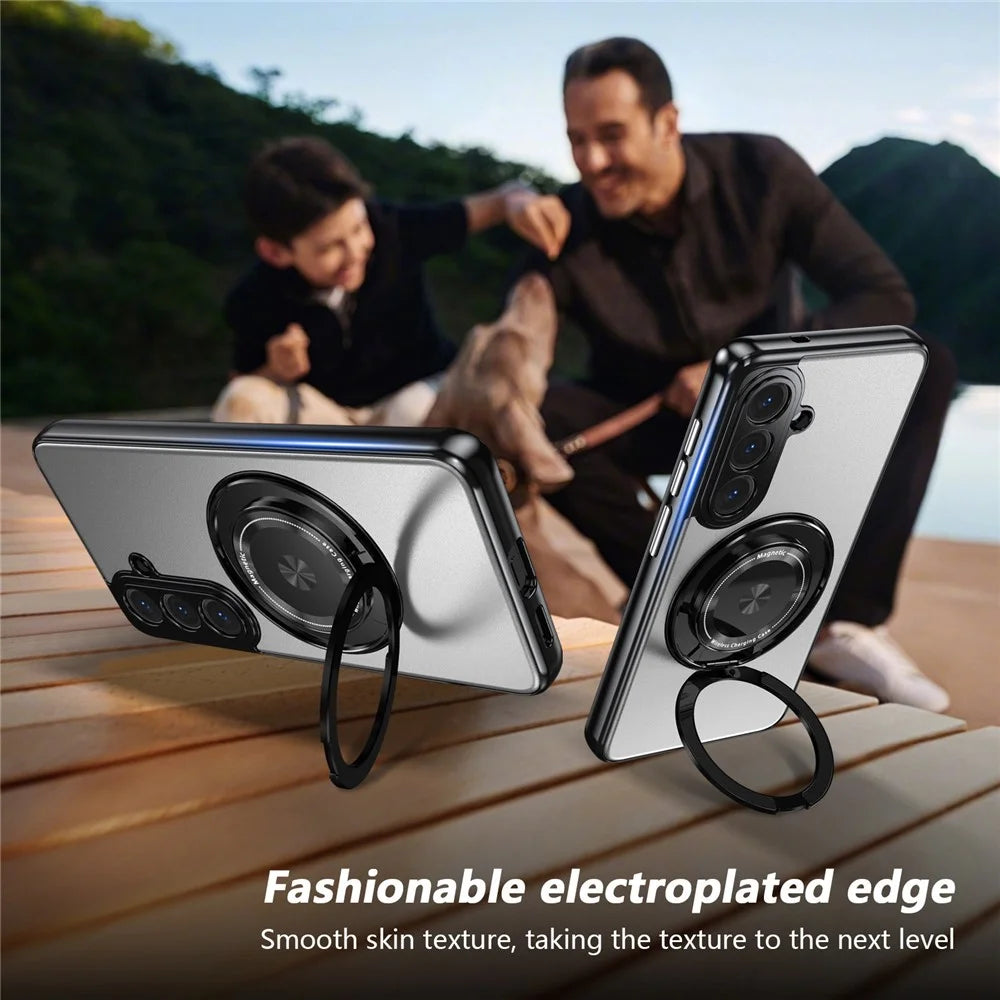 For Samsung Galaxy S26+ Magnetic Case Rotating Kickstand PC TPU Electroplated Phone Cover with Tempered Glass Screen Protector - Silver - 6