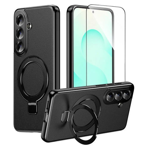 For Samsung Galaxy S26 Magnetic Case PC PU Leather Cover with 360° Rotating Kickstand + Tempered Glass Screen Protector - Black - 1