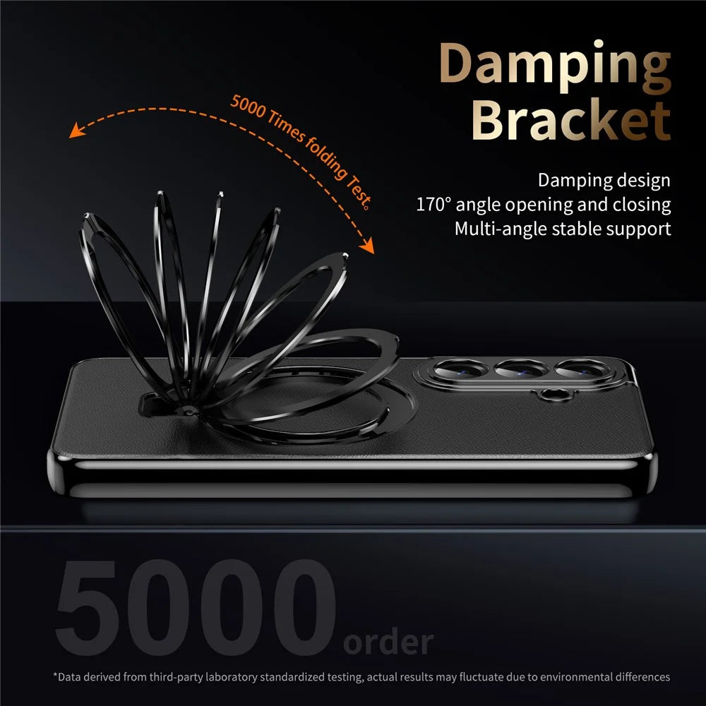 For Samsung Galaxy S26 Magnetic Case PC PU Leather Cover with 360° Rotating Kickstand + Tempered Glass Screen Protector - Black - 4