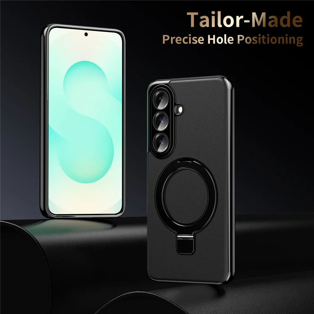 For Samsung Galaxy S26 Magnetic Case PC PU Leather Cover with 360° Rotating Kickstand + Tempered Glass Screen Protector - Black - 5