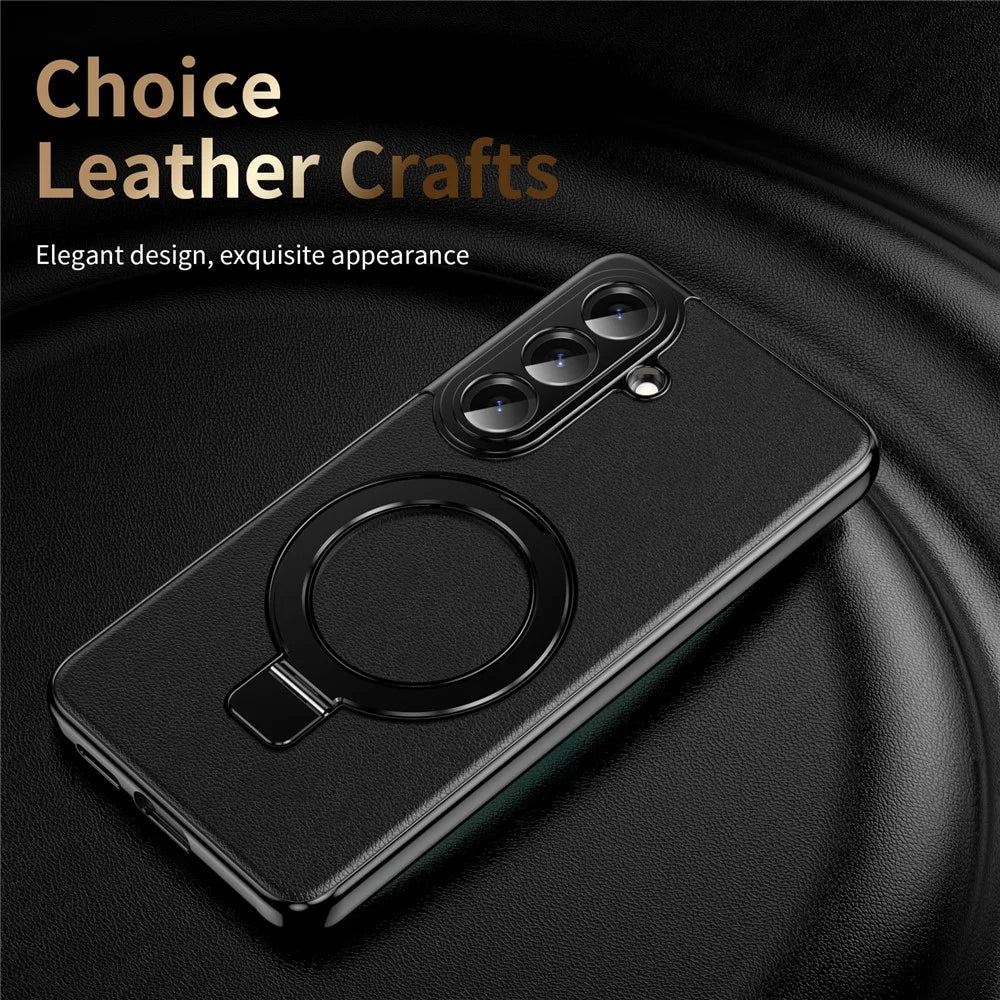 For Samsung Galaxy S26 Magnetic Case PC PU Leather Cover with 360° Rotating Kickstand + Tempered Glass Screen Protector - Black - 7
