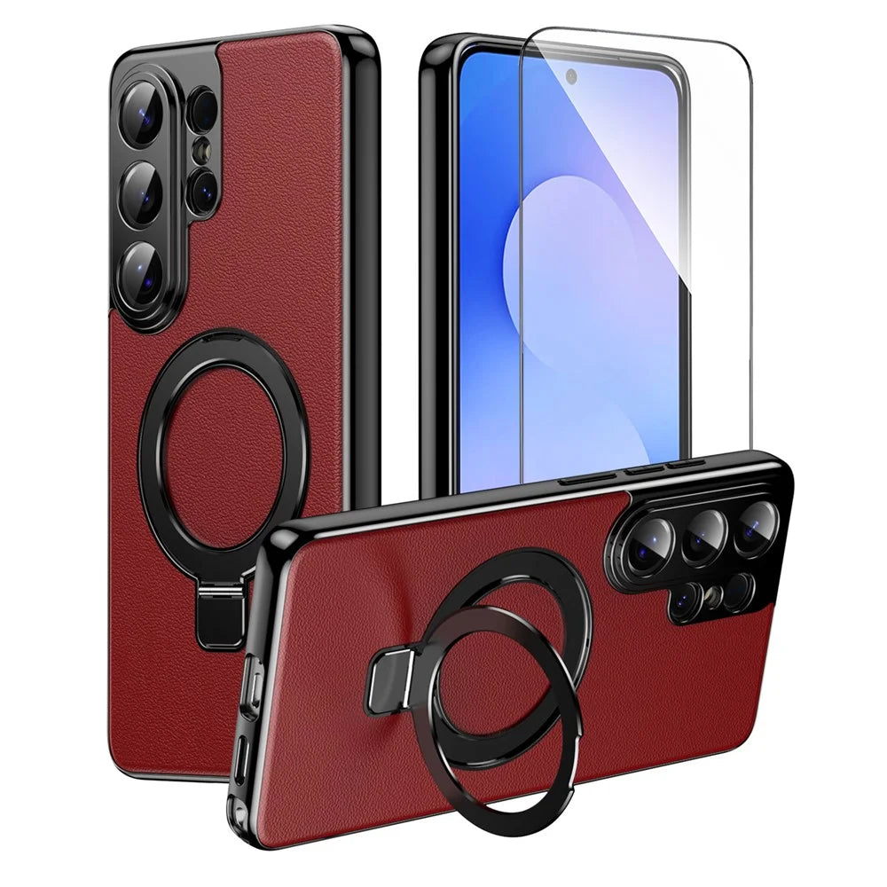 For Samsung Galaxy S26 Ultra Magnetic Case PC PU Leather Cover with 360° Rotating Kickstand + Tempered Glass Screen Protector - Red - 1